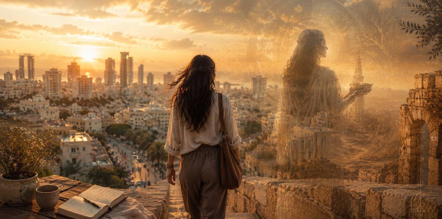 אישה הולכת בשביל אבן מעל העיר בשקיעה, ולצידה דמות שקופה של אישה מסיפור עתיק שמחזיקה קערה