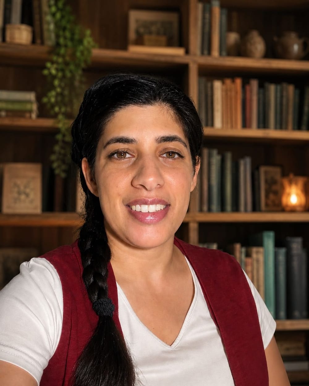 שרון שטרן מחייכת מול ספרייה, עם צמה וחזית אדומה